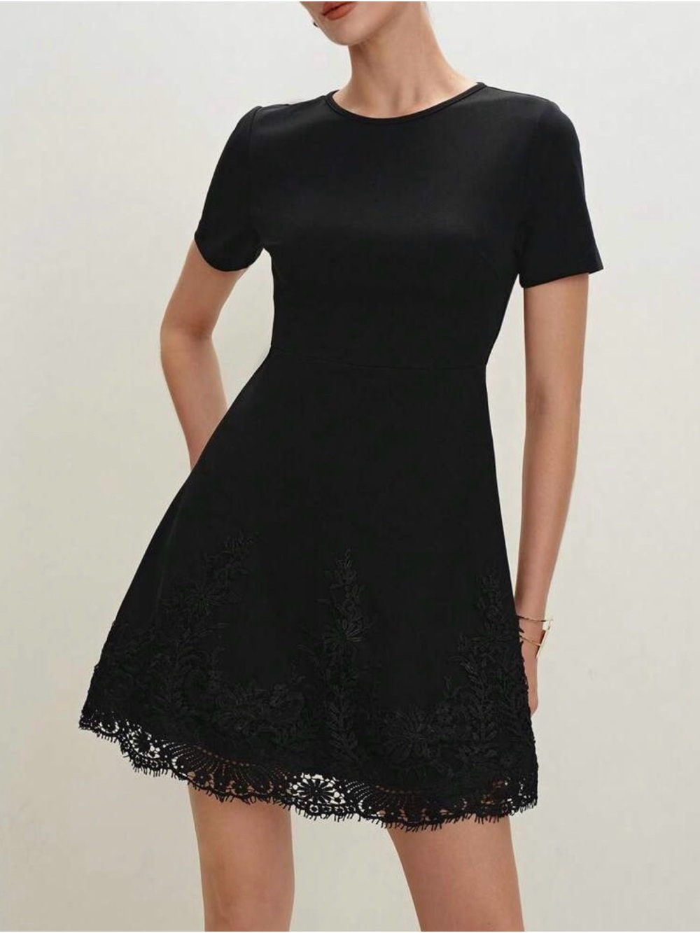 Black Short Sleeve Lace Hem A-Line Dress